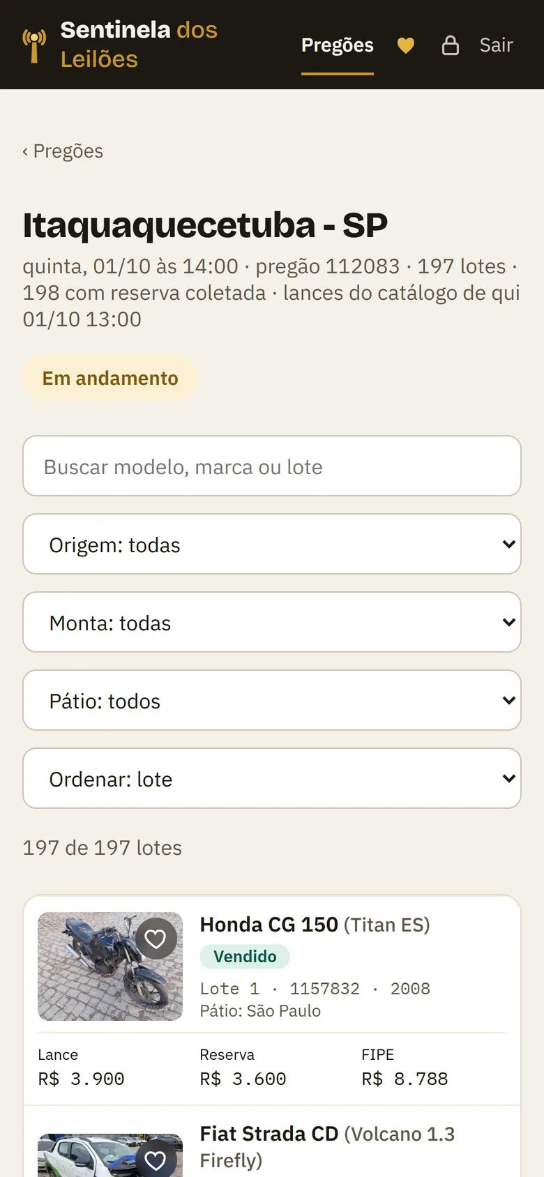 Pregão ao vivo no celular: lista de lotes com o resultado de cada um